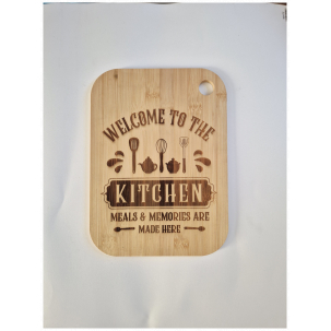 bamboo chopping board with phrase welcome to the kitchen