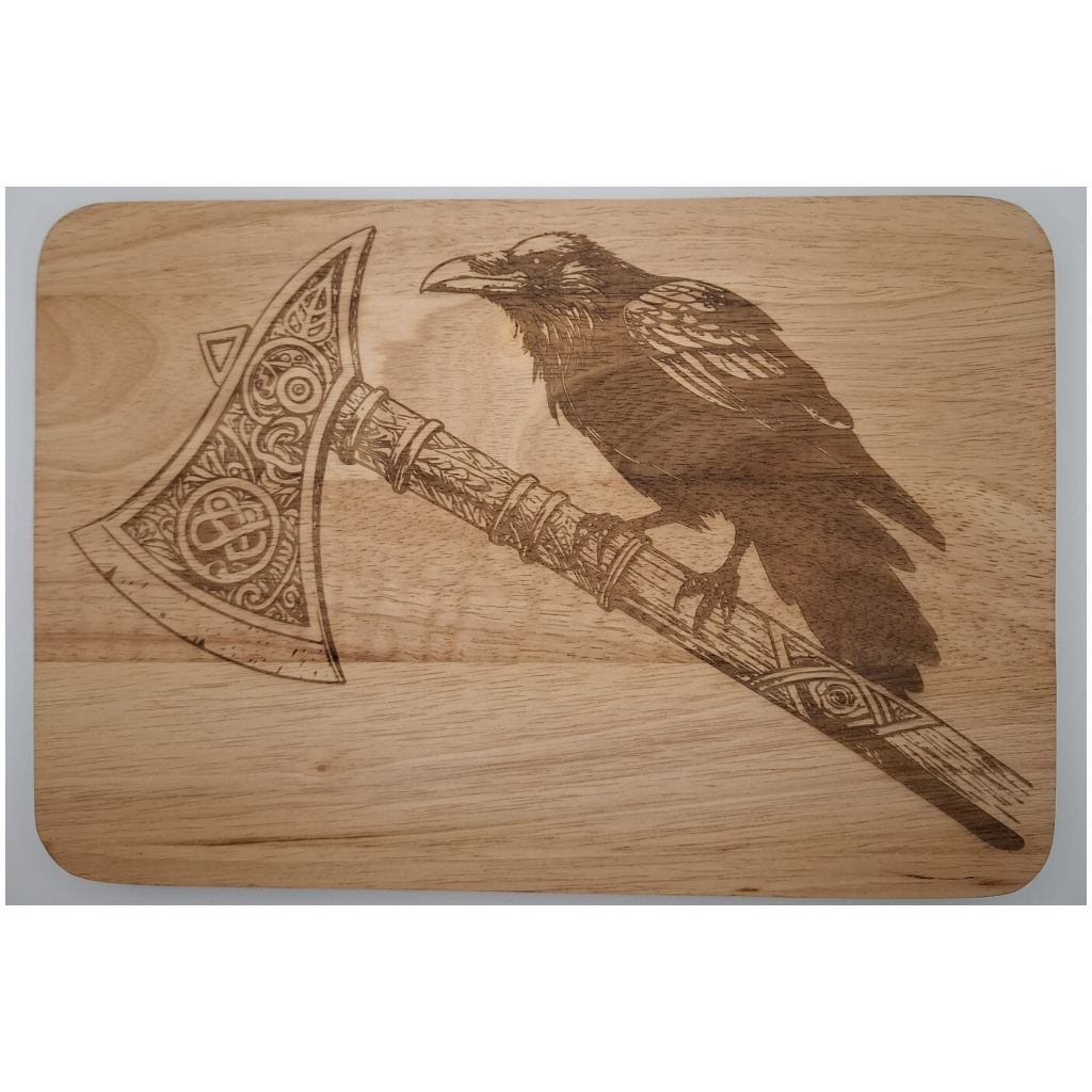 Viking Axe & Raven Engraved Wooden Plaque or Chopping Board – Norse Wall Art | Draig & Rune Range