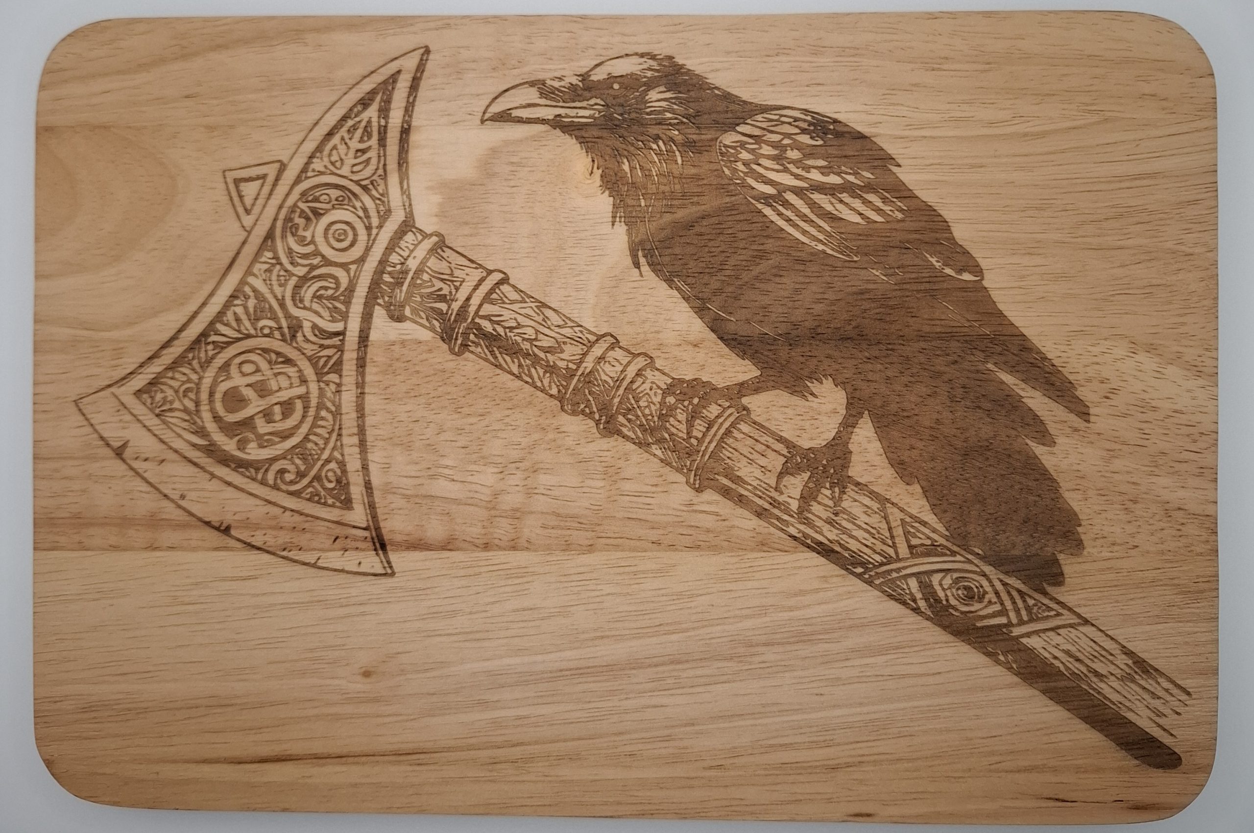 Viking Axe & Raven Engraved Wooden Plaque or Chopping Board – Norse Wall Art | Draig & Rune Range