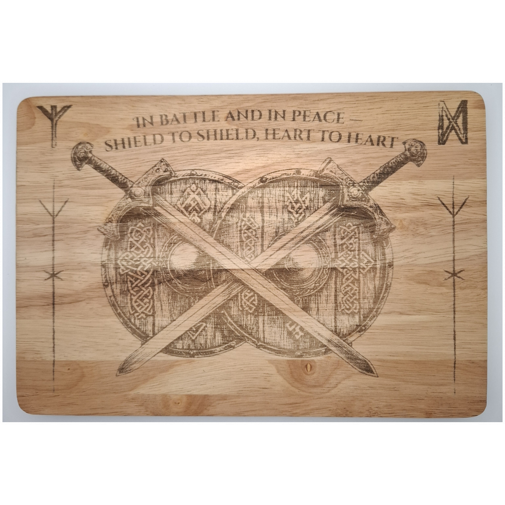 Viking Shields Engraved Wooden Plaque or Chopping Board – “Shield to Shield, Heart to Heart” | Draig & Rune Range