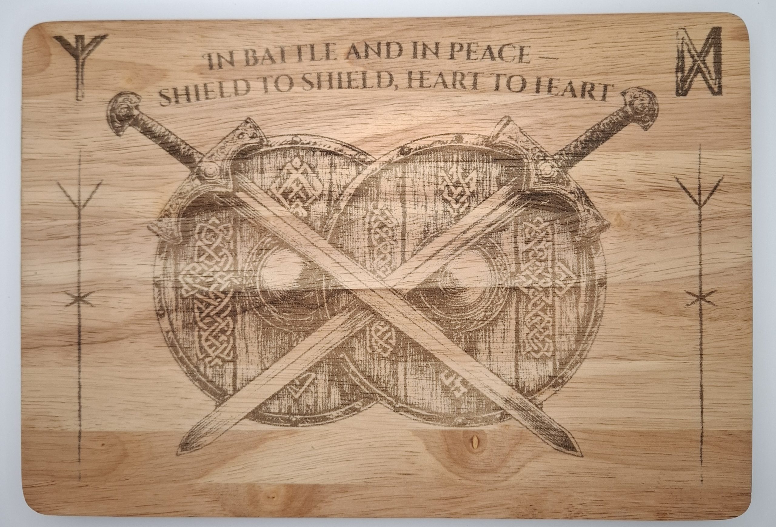 Viking Shields Engraved Wooden Plaque or Chopping Board – “Shield to Shield, Heart to Heart” | Draig & Rune Range