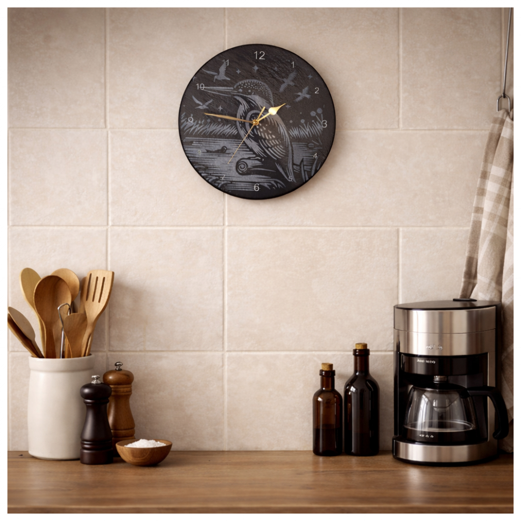 Laser Engraved Slate Clock Featuring a Kingfisher – Rustic Wildlife Wall Clock