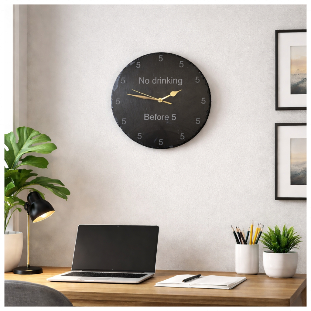 Laser Engraved Funny Rustic Slate Clock "No Drinking Before 5"